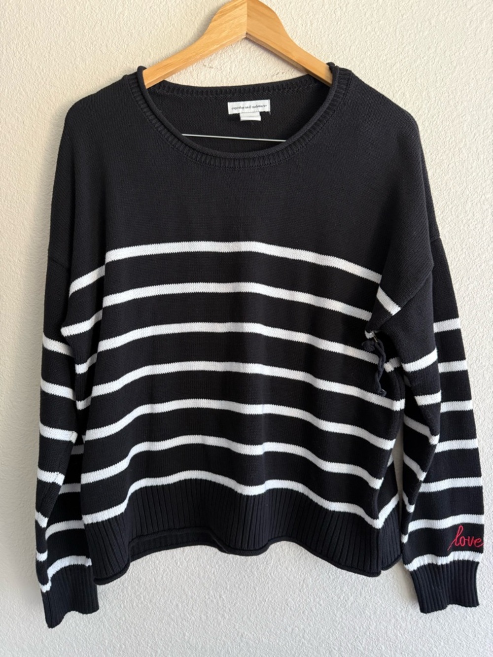 Cupcakes and Cashmere Striped Sweater with Embroidered Sleeve Detail Size XL